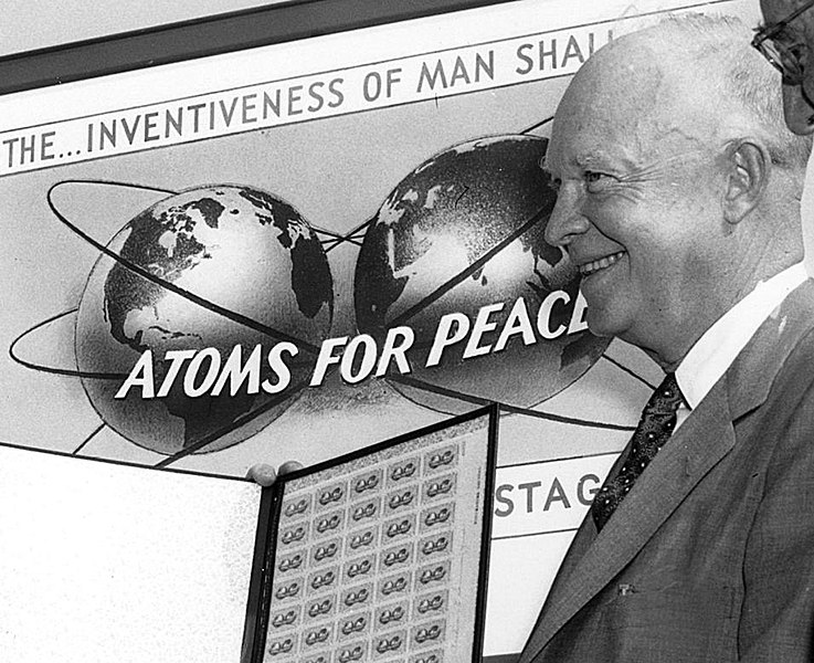 File:"ATOMS FOR PEACE" 3 cent stamp art detail with President Eisenhower in 1955 and quotation of "THE... INVENTIVENESS OF MAN SHALL" from- HD.3C.032 (10692189783) (cropped).jpg