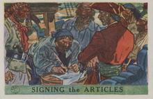"Signing the Articles" from the 1936 Pac-Kups "Jolly Roger Pirates" trading card set "Signing the Articles" from the 1936 Pac-Kups "Jolly Roger Pirates" trading card set.png