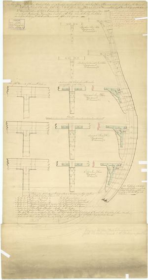 'Conquestadore' (1810), 'Scarborough' (1812), 'Stirling Castle' (1811), 'Clarence' (1812), 'Niger' (1813), 'Rippon' (1812), 'Vengeur' (1810), 'Aisa' (1811), 'Gloucester' (18712), 'Vindictive' (1813), Unnamed (cancelled RMG J3297.png