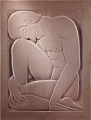 Stone bas-relief of fallen male nude by Marguerite Louis Blasingame