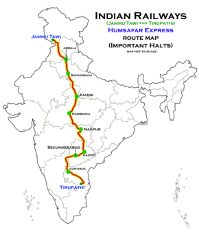 (Tirupati – Jammu Tawi) Humsafar Express route map.png