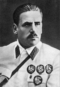 Marshal of the Soviet Union Vasily Blyukher wearing four first variant Orders of the Red Banner