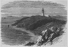 c1880 woodcut print of the first lighthouse on Martha's Vineyard built in 1799 and located above the Gay Head clay cliffs. This wooden lighthouse was octagonal. According to this print, there was a lighthouse keeper's house nearby. 1799 Gay Head Light from wood engraving.jpg