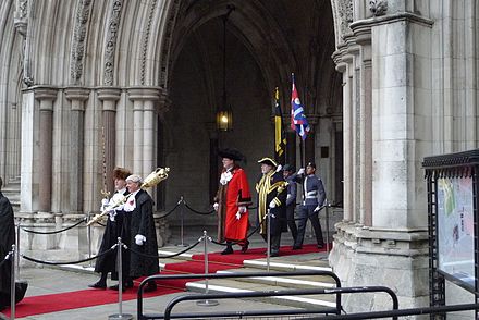 Lord Mayor David Wootton and entourage emerging from the Royal Courts of Justice, at the end of half-time during the 2011 Lord Mayor's Show