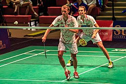 Boe with his partner Carsten Mogensen at the 2014 U.S. Open Grand Prix Gold 2014 US Open Grand Prix Gold - Mathias Boe and Carsten Mogensen.jpg