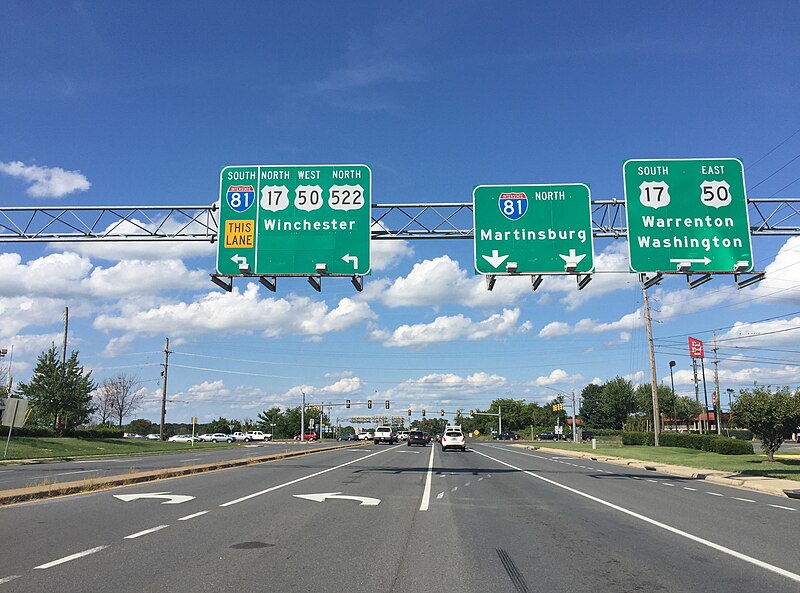 File:2016-08-23 16 02 11 View north along U.S. Route 522 (Front Royal Pike) at U.S. Route 17 and U.S. Route 50 (Millwood Pike) and Interstate 81 in Frederick Heights, Frederick County, Virginia.jpg