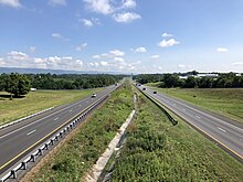 View north along Interstate 81 from SR 42 in Woodstock 2019-07-09 10 33 05 View north along Interstate 81 from the overpass for Virginia State Route 42 (West Reservoir Road) in Woodstock, Shenandoah County, Virginia.jpg