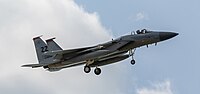 A US Air Force F-15C Eagle, tail number 83-0010, on final approach at Kadena Air Base in Okinawa, Japan. The aircraft is assigned to the 67th Fighter Squadron.