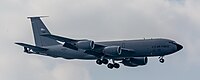 A KC-135R Stratotanker, tail number 57-1439, on final approach at Kadena Air Base in Okinawa, Japan in March 2020. It is assigned to the 22nd Air Refueling Wing and the 931st Air Refueling Wing at McConnell Air Force Base in Wichita, Kansas.