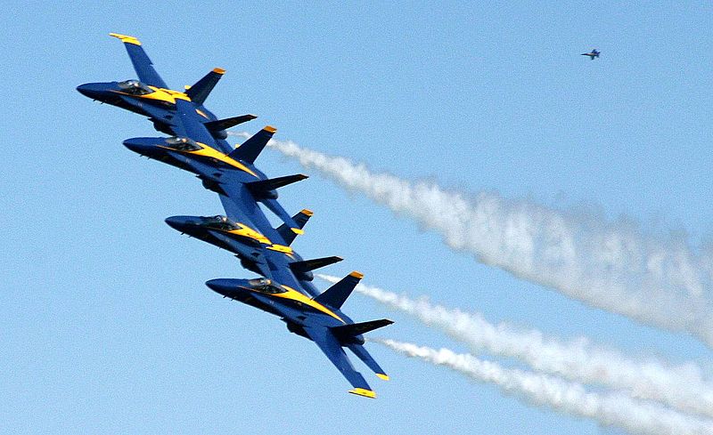 File:4 Blue Angels doing a flyby with another F-18 in the distance (2506674525).jpg