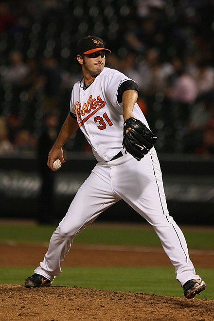 Mickolio pitching for the Baltimore Orioles in 2008