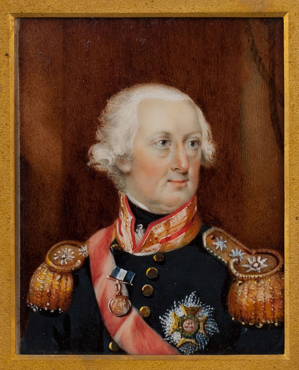 Admiral Sir Charles Knowles wearing a small gold medal for St. Vincent, where he commanded HMS Goliath.