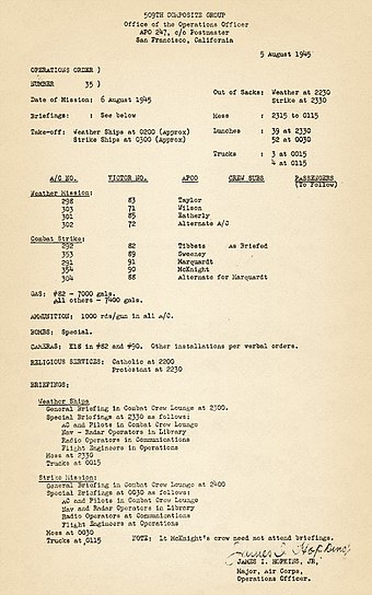 Strike order for the Hiroshima bombing as posted on 5 August 1945
