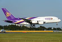Thai Airways was the shortest operator of new Airbus A380s, having only operated the type for 7 years Airbus A380-841, Thai Airways International AN2328912.jpg