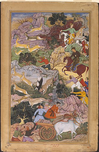 Akbar hunting blackbuck (Akbarnama, c.1590-5) Akbar Hunting Black Buck-Akbarnama.jpg