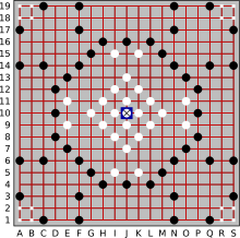 Game-board grid with red lines, black and white dots and blue X in center