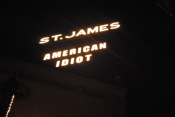 The marquee above the St. James Theatre after the 350th performance of American Idiot