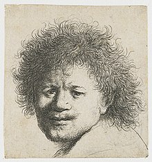 Gravure en noir et blanc. Le visage semble disproportionné, très bouffi, avec des cheveux bouclés en bataille. Le sujet a un regard triste.