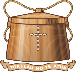 The Badge of Tokelau, featuring a tackle box and the Tokelauan text "Tokelau Mo Te Atua".