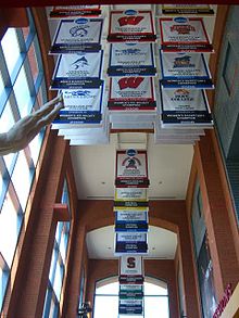 2006 NCAA championship banners hang from the ceiling of the NCAA Hall of Champions in Indianapolis Banners CIMG0256.jpg