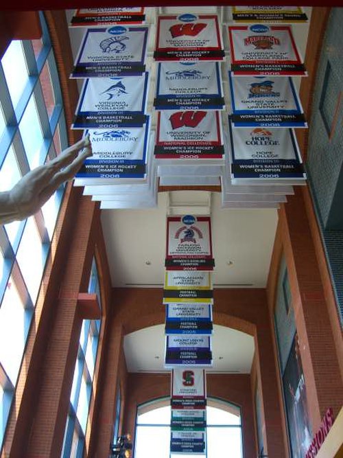 2006 NCAA championship banners hang from the ceiling of the NCAA Hall of Champions in Indianapolis