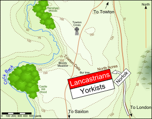 At the crucial moment, Norfolk's troops arrived, helping the Yorkists (white) overcome the Lancastrians (red). Battle of Towton - Engagement.svg