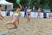 Deutsch: Beachhandball Europameisterschaften 2019 (Beach handball Euro); Tag 5: 6. Juli 2019 – Frauen, Platzierungsspiel für die Ränge 5–8, Rumänien-Zypern 2:0 (18:17, 18:14) English: Beach handball Euro; Day 5: 6 July 2019 – Placement Match/Cross Match for rank 17–20 Women – Romania-Cyprus 2:0 (18:17, 18:14)