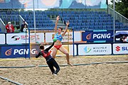 Deutsch: Beachhandball Europameisterschaften 2019 (Beach handball Euro); Tag 5: 6. Juli 2019 – Frauen, Platzierungsspiel für die Ränge 9–12, Deutschland-Polen 2:1 (22:23, 19:16, 7:6) English: Beach handball Euro; Day 5: 6 July 2019 – Placement Match/Cross Match for rank 9–12 Women – Germany-Poland 2:1 (22:23, 19:16, 7:6)