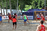 Deutsch: Beachhandball Europameisterschaften 2019 (Beach handball Euro); Tag 2: 3. Juli 2019 – Männer, Vorrunde Gruppe B, Slowenien-Serbien 1:2 (16:20, 19:18, 6:7) English: Beach handball Euro; Day 2: 3 July 2019 – Men Preliminary Round Group B – Slovenia-Serbia 1:2 (16:20, 19:18, 6:7)