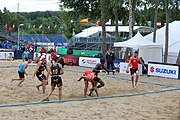 Deutsch: Beachhandball Europameisterschaften 2019 (Beach handball Euro); Tag 2: 3. Juli 2019 – Männer, Vorrunde Gruppe A, Türkei-Spanien 0:2 (16:23, 20:29) English: Beach handball Euro; Day 2: 3 July 2019 – Men Preliminary Round Group A – Turkey-Spain 0:2 (16:23, 20:29)