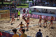 Deutsch: Beachhandball bei den Olympischen Jugendspielen 2018; Tag 3, 10. Oktober 2018; Mädchen, Vorrunde, Gruppe B - Niederlande-Argentinien 2:0 English: Beach handball at the 2018 Summer Youth Olympics at 10 October 2018 – Girls Preliminary Round Group B‎ – Netherlands-Argentina 2:0