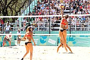 Deutsch: Beachvolleyball bei den Olympischen Jugendspielen 2018; Tag 9, 15. Oktober 2018; Mädchen, Viertelfinale: USA-Spanien 2–1 (21–19/17–21/15–9) English: Beach volleyball at the 2018 Summer Youth Olympics at 15 October 2018 – Girls Quarterfinals: USA-Spain 2–1 (21–19/17–21/15–9)