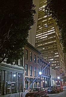 Three San Francisco Designated Landmarks along Montgomery Street: the Golden Era Building (left), the Genella Building (center), and the Belli Building (right). The Transamerica Pyramid, not a Designated Landmark, is in the background Belli buildings San Francisco with Transamerica Pyramid.jpg