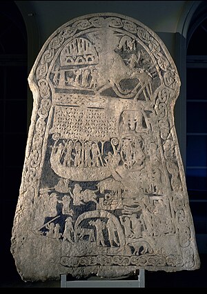 The largest of the Ardre image stones is Ardre VIII. Bildstenen Volundstenen.jpg