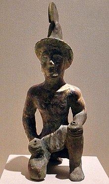 Statuette from the Saka culture in Xinjiang, from a 3rd-century BC burial site north of the Tian Shan, Xinjiang Region Museum, Urumqi. Bronze Warrior Statue without shade.jpg
