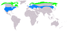 Utbreiingskart, grønt: hekkingsområde, blått: overvintringsområde