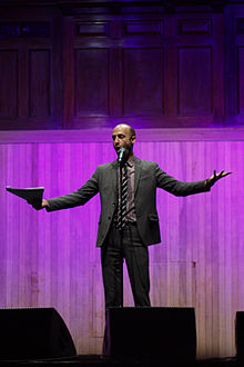 Cecil Baldwin as Cecil in the live episode "The Investigators" during the 2015 UK tour. Cecil Baldwin (Welcome to Night Vale).jpg