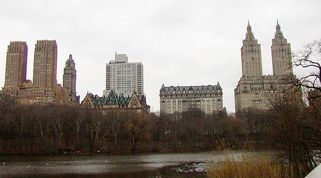 Housing cooperatives on Central Park West: The San Remo (far right), The Langham (center-right), The Dakota (center-left), and The Majestic (far left)