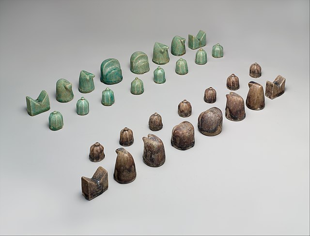 12th century glazed fritware chess set, Nishapur pottery, Iran. Metropolitan Museum of Art