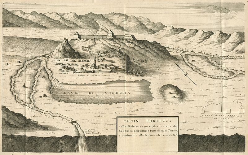 File:Chnin Fortezza nella Dalmatia 30 miglia lontana da Sebenico nell'ultime Parti di quel Territo E confinante alla Bossina - Coronelli Vincenzo - 1687.jpg