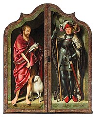 Saint John the Baptist and Saint Reinhold label QS:Len,"Saint John the Baptist and Saint Reinhold" label QS:Lpl,"Święty Jan Chrzciciel i święty Rajnold" label QS:Lfr,"Saint-Jean-Baptiste et Saint Renaud" before 1516 date QS:P,+1516-00-00T00:00:00Z/7,P1326,+1516-00-00T00:00:00Z/9 . tempera on wood medium QS:P186,Q175166;P186,Q287,P518,Q861259 . 194 × 158 cm (76.3 × 62.2 in). Warsaw, National Museum in Warsaw (MNW).