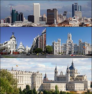 Vlevo nahoře: Obchodní centrum v ulicích Paseo de la Castellana, Alcalá a Gran Vía, Palacio de Cibeles, výhled na Palacio Real a katedrálu Almudena.