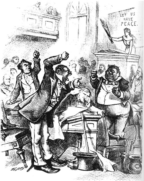 "Colored Rule in a Reconstructed(?) State", Harper's Weekly, March 14, 1874. Nine years later, Nast's views on race had changed. He caricatured black 