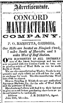 Advertisement for the Concord Manufacturing Company on Nickajack Creek, 1869