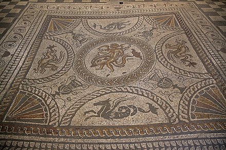 A mid-2nd century mosaic showing Cupid riding a dolphin, discovered during the excavation of Fishbourne Roman Palace.