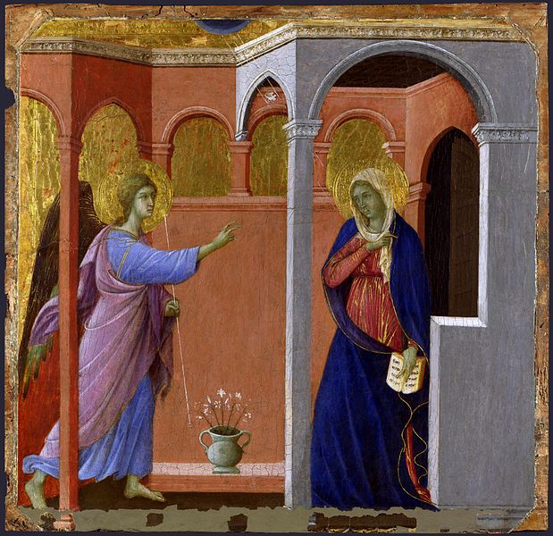 Duccio di Buoninsegna painted the faces in this painting (1308–1311) with an undercoat of green earth pigment. The surface pink has faded, making the faces look green today.