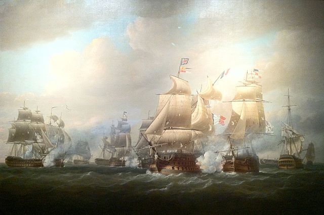 Duckworth's Action off San Domingo, 6 February 1806 by Nicholas Pocock (1808). Duckworth's flagship, the 74-gun Superb, is shown firing at the French 