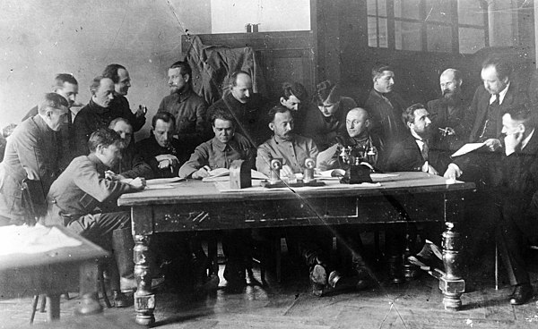 Felix Dzerzhinsky in a meeting among other members of the Presidium of the Cheka, 1919
