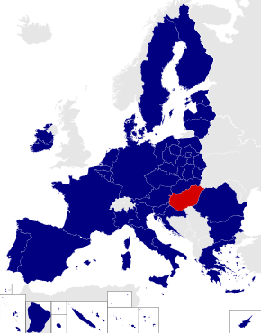 Карта на избирателните райони на Европейския парламент с Унгария, подчертана в червено