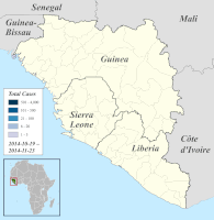 Regionale Verteilung der bestä­tigten und verdäch­tigen Erkran­kungs­fälle in Guinea, Liberia und Sierra Leone, Darstellung ab 19. Oktober 2014 (davor andere, nicht übertragbare Einteilung).[132]